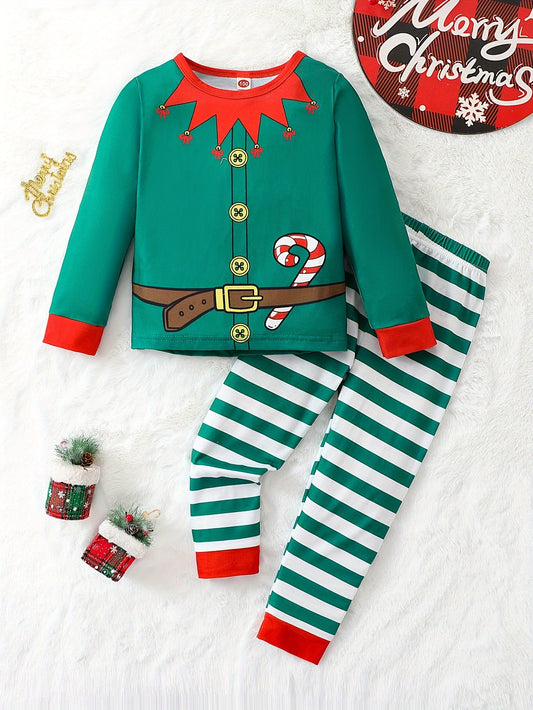 2pcs Long Sleeve Boy's Christmas Elf Pattern Outfit, Stripe Pants Set for Fall Winter Daily & Outdoor Wear, Kid's Novelty Clothes as Gift