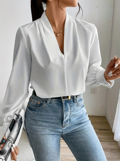 Antmvs Solid V-neck Pleated Blouse, Elegant Long Sleeve Blouse For Office & Work, Women's Clothing
