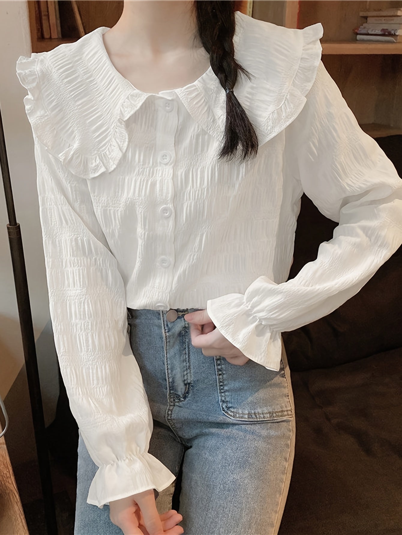 Antmvs Solid Textured Peter Pan Collar Blouse, Sweet Long Sleeve Button Front Blouse For Spring & Fall, Women's Clothing