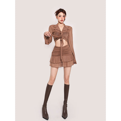 Antmvs Lexi Solid Color Brown Mesh Long Sleeve Front Tie Cropped Top + High Waist Pleated Mini Skirt Matching Set