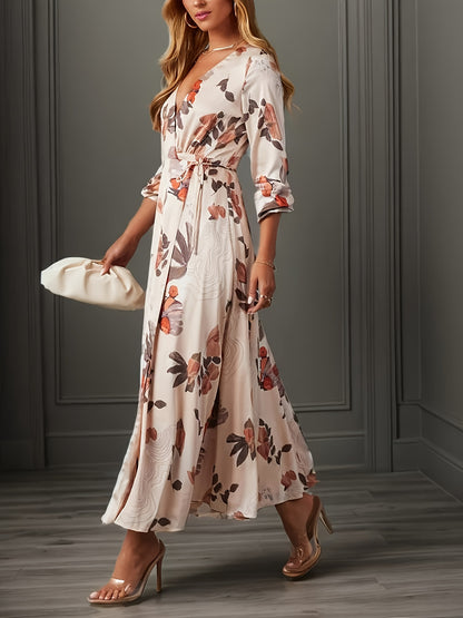 Antmvs Floral Print Maxi Dress, Elegant Surplice Neck Long Sleeve Dress, Women's Clothing