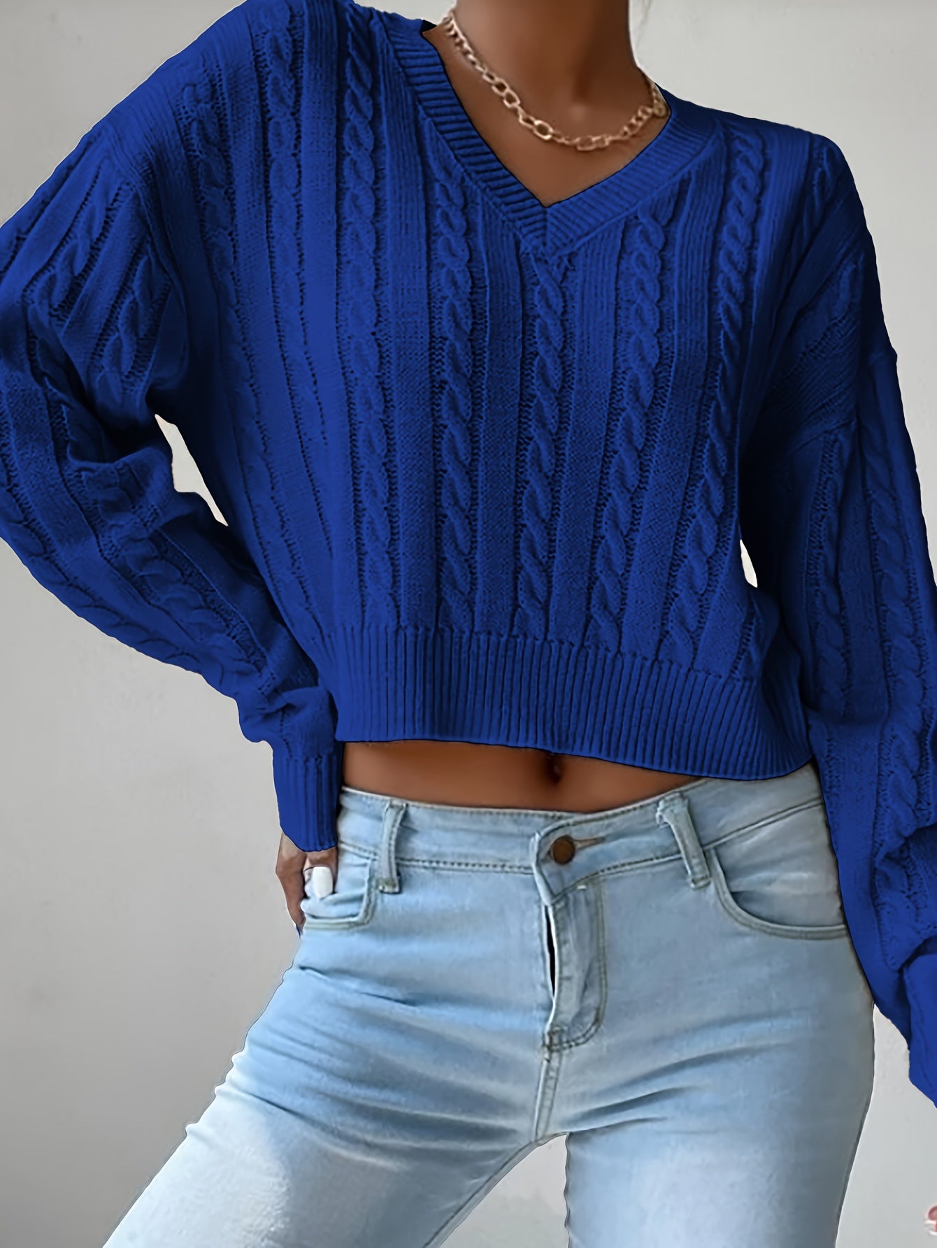 Antmvs Cable Knit V Neck Pullover Sweater, Casual Solid Long Sleeve Crop Sweater, Women's Clothing