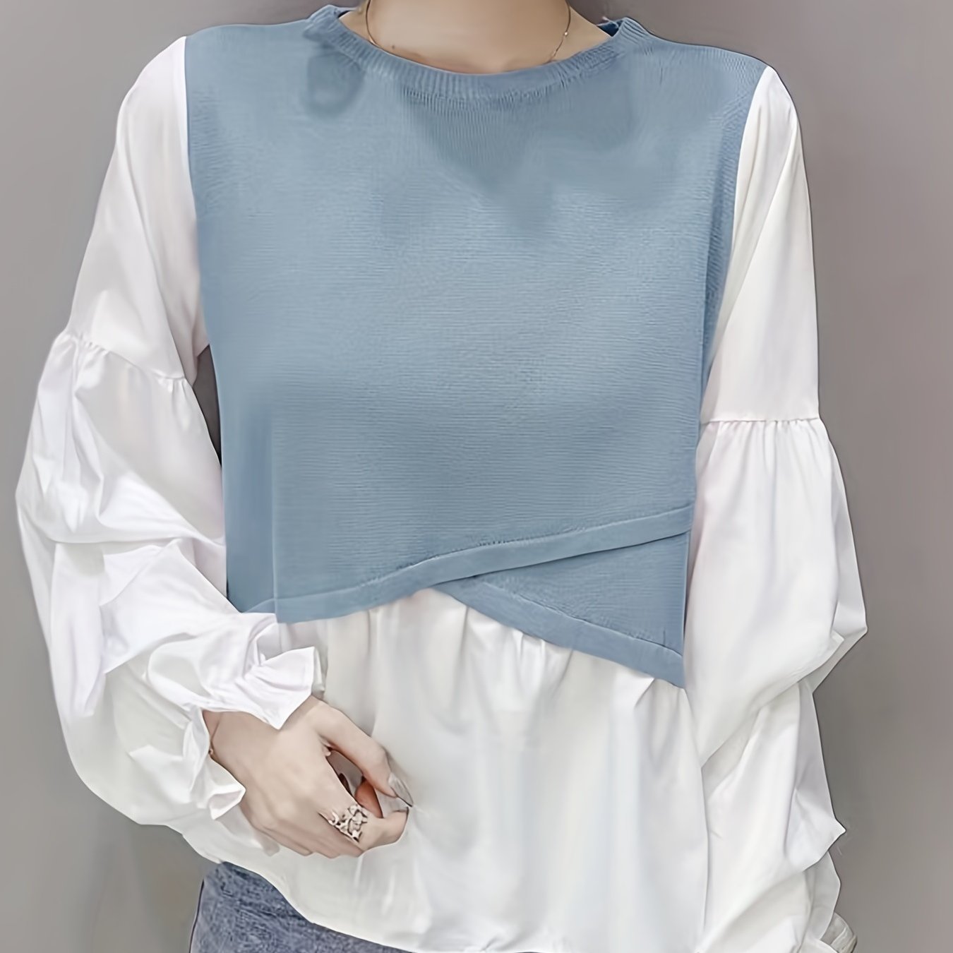 Antmvs Stitching Puff Sleeve Knitted Top, Elegant Crew Neck Long Sleeve Top, Women's Clothing