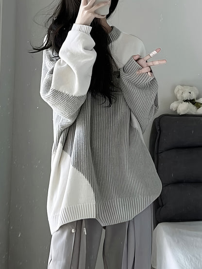 Antmvs Color Block Oversized Pullover Sweater, Casual Crew Neck Long Sleeve Sweater, Women's Clothing