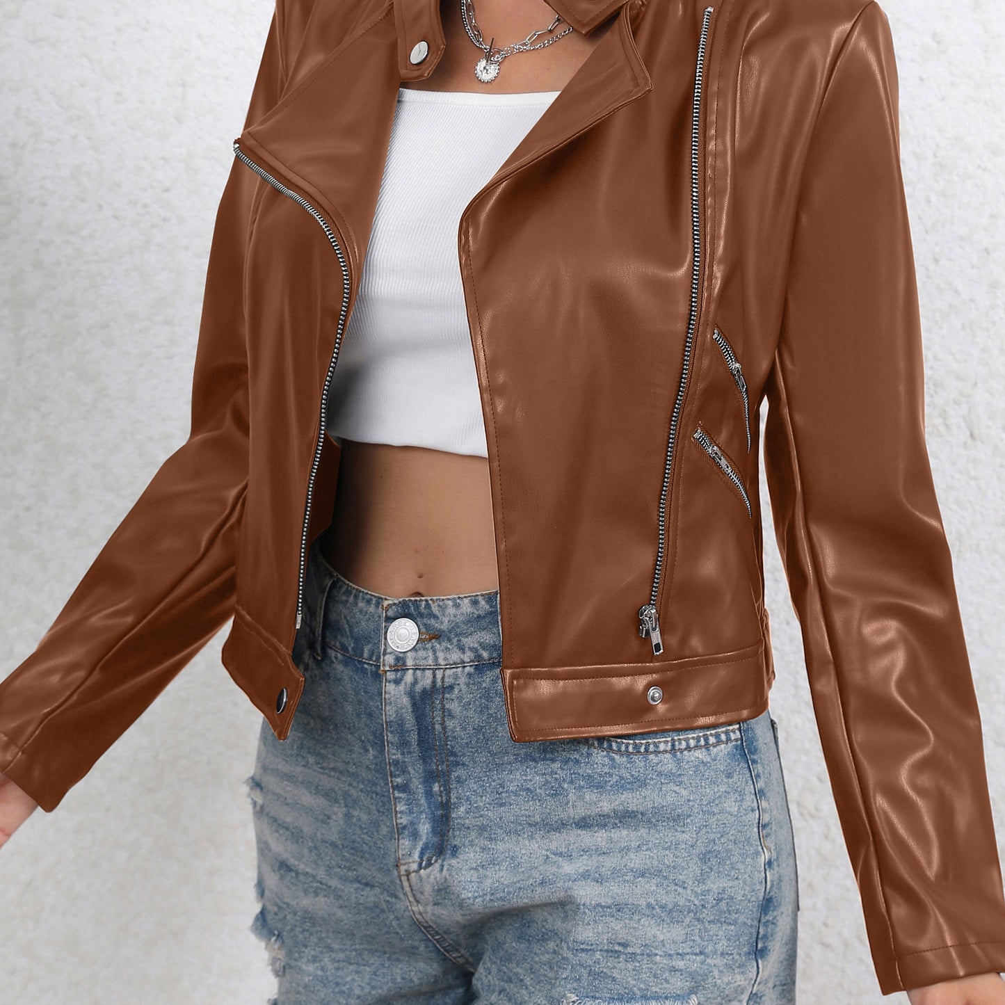 Antmvs Faux Leather Zip Up Jacket, Biker Long Sleeve Jacket For Fall & Winter, Women's Clothing