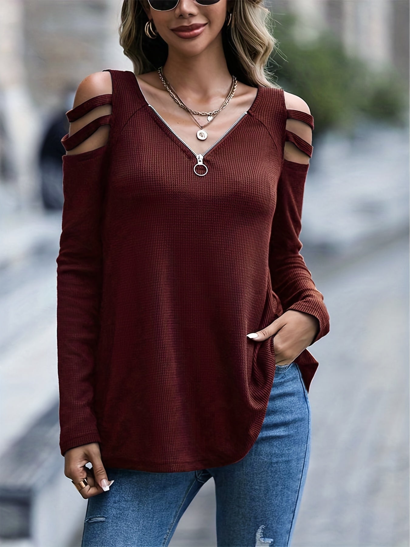 Antmvs Cutout Ribbed Zip Front T-Shirt, Casual Long Sleeve Top For Spring & Fall, Women's Clothing