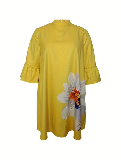 Antmvs Split-Joint Floral Printed Loose Flared Sleeves High Neck Midi Dresses