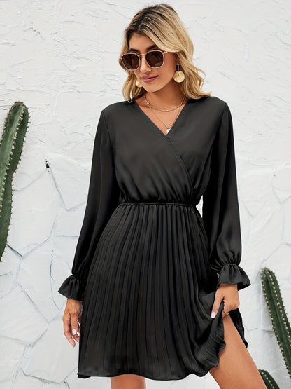Antmvs Surplice Neck Pleated Dress, Elegant Long Sleeve Dress For Spring & Fall, Women's Clothing