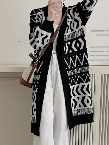Antmvs Geo Pattern Button Front Knit Cardigan, Casual Long Sleeve Loose Sweater Coat, Women's Clothing