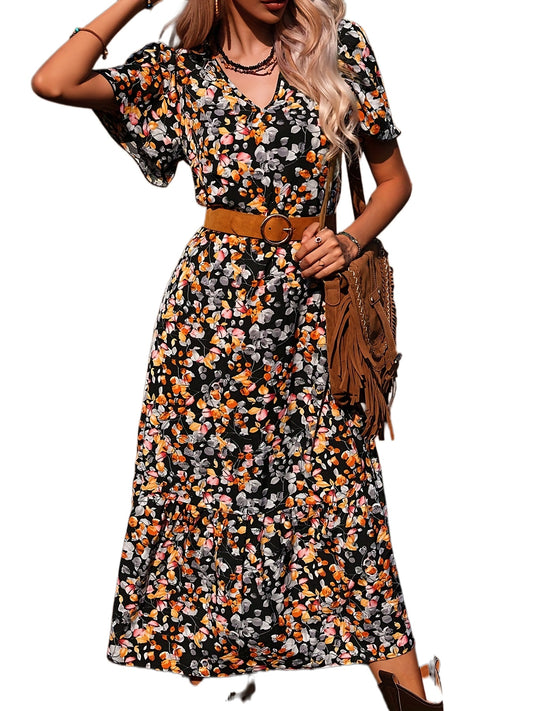 Antmvs Floral Print V Neck Dress, Casual Short Sleeve Ruffle Trim Summer Dress, Women's Clothing