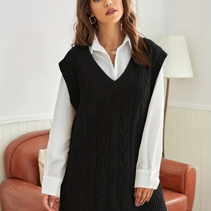 Antmvs Solid Cable Knit V Neck Sweater Vest, Casual Sleeveless Sweater For Winter & Fall, Women's Clothing