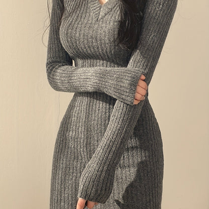 Antmvs Solid Knit Sweater Dress, Elegant V Neck Long Sleeve Bodycon Dress For Fall & Winter, Women's Clothing