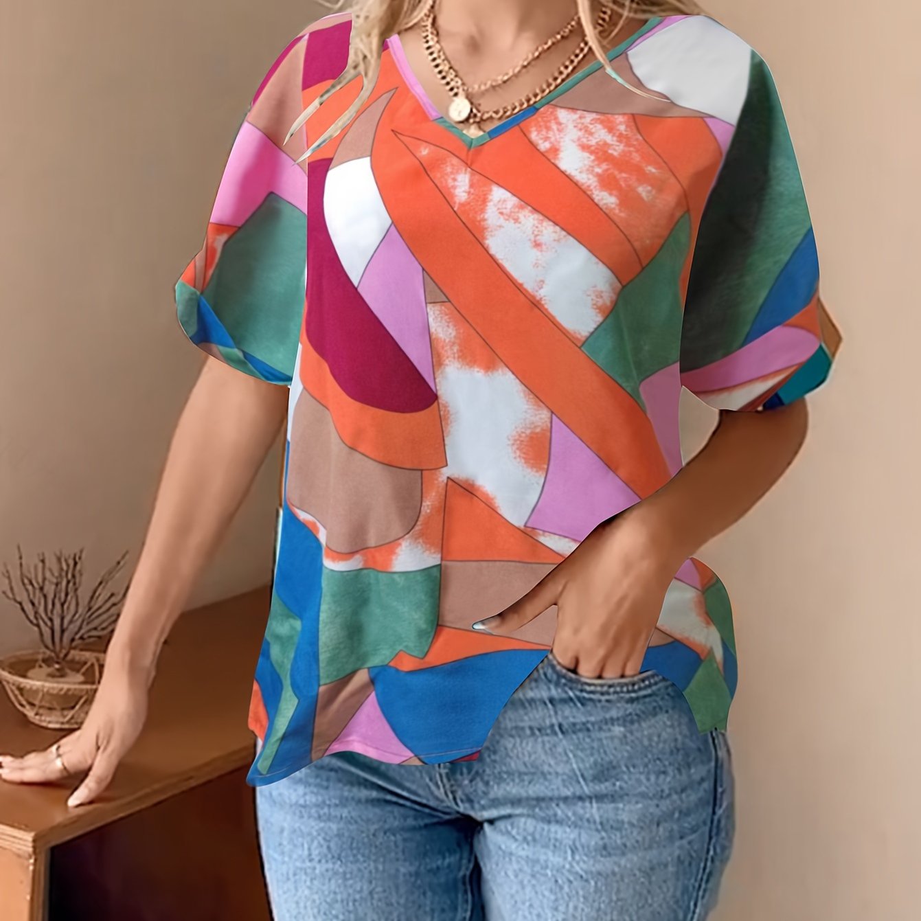 Antmvs  Abstract Print V Neck Blouse, Casual Short Sleeve Blouse For Spring & Summer, Women's Clothing