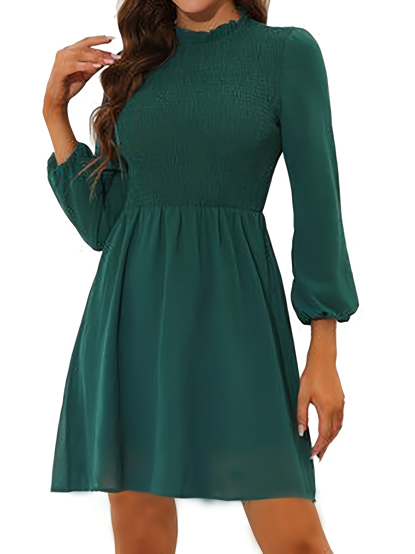 Antmvs Solid A-line Lantern Sleeve Dress, Casual Ruffle Trim Round Neck Dress For Spring & Fall, Women's Clothing