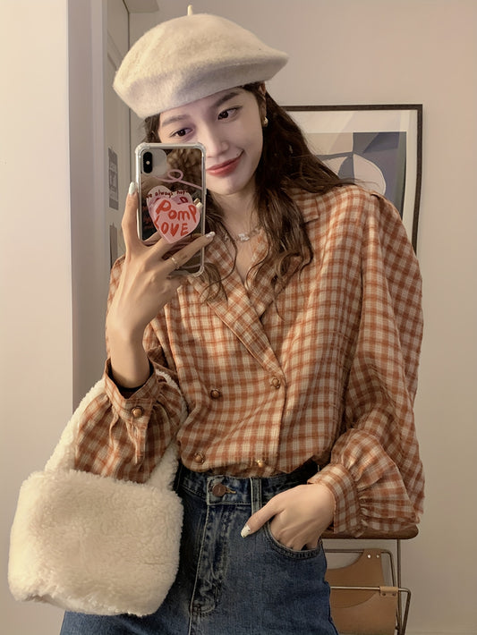 Antmvs Plaid Print Double-breasted Blouse, Elegant Puff Sleeve Notch Collar Blouse, Women's Clothing