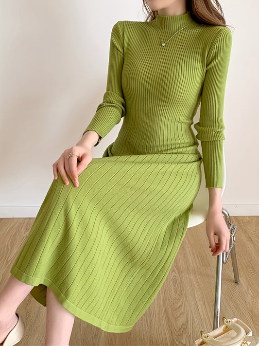 Antmvs Ribbed Mock Neck Dress, Casual Long Sleeve Midi Dress, Women's Clothing