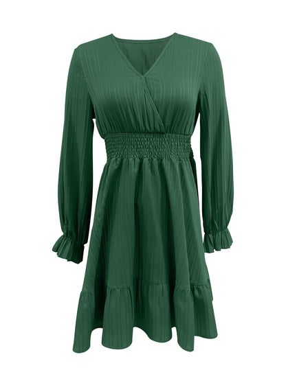 Antmvs Shirred Waist Ruffle Trim Dress, Casual V Neck Long Sleeve Dress, Women's Clothing