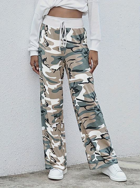 Antmvs Plus Size Sporty Pants, Women's Plus Camo Elastic Drawstring High Rise Slight Stretch Wide Leg Trousers