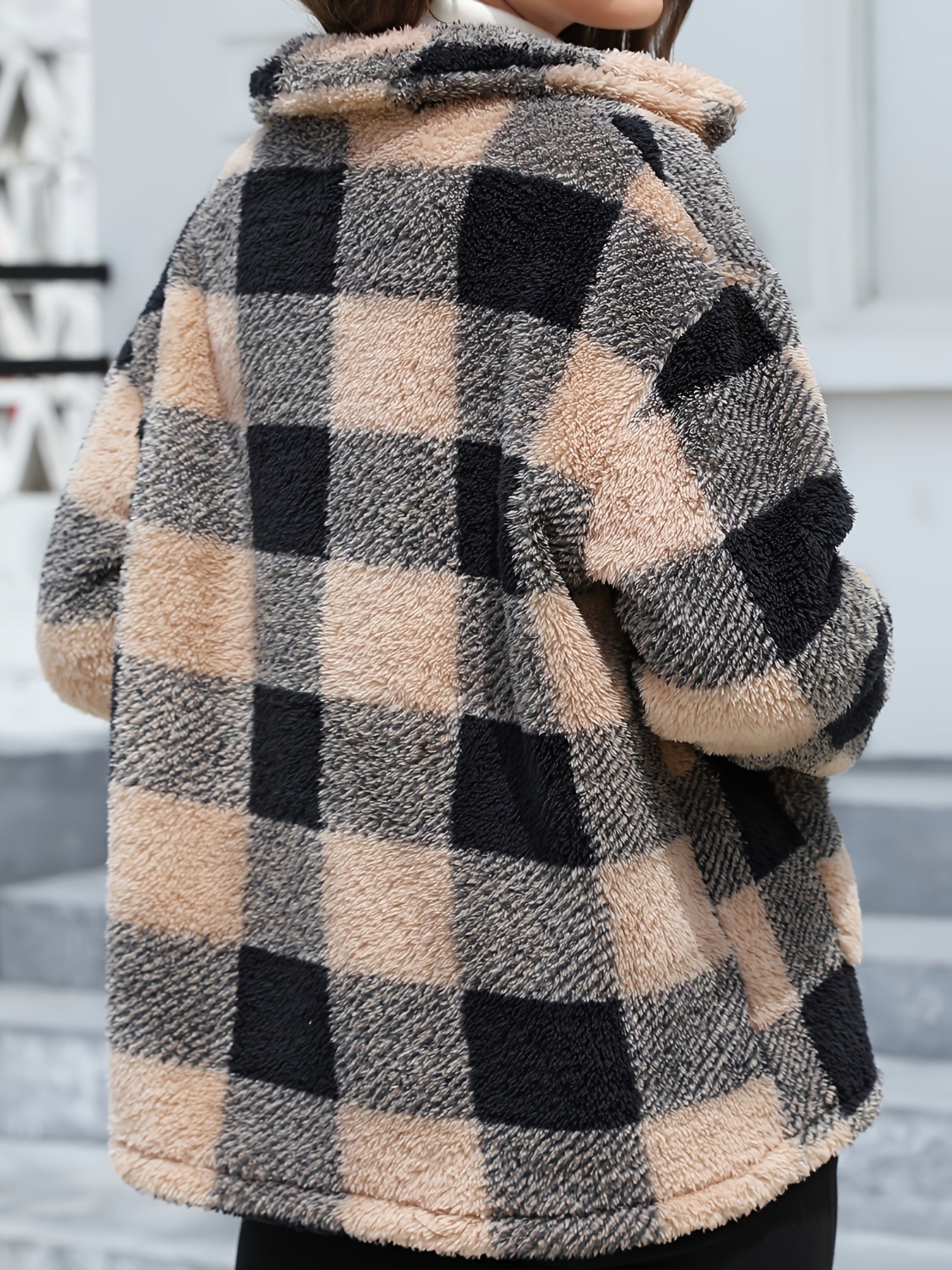 Antmvs Plaid Print Patched Pockets Teddy Coat, Versatile Long Sleeve Single Breasted Winter Outwear, Women's Clothing