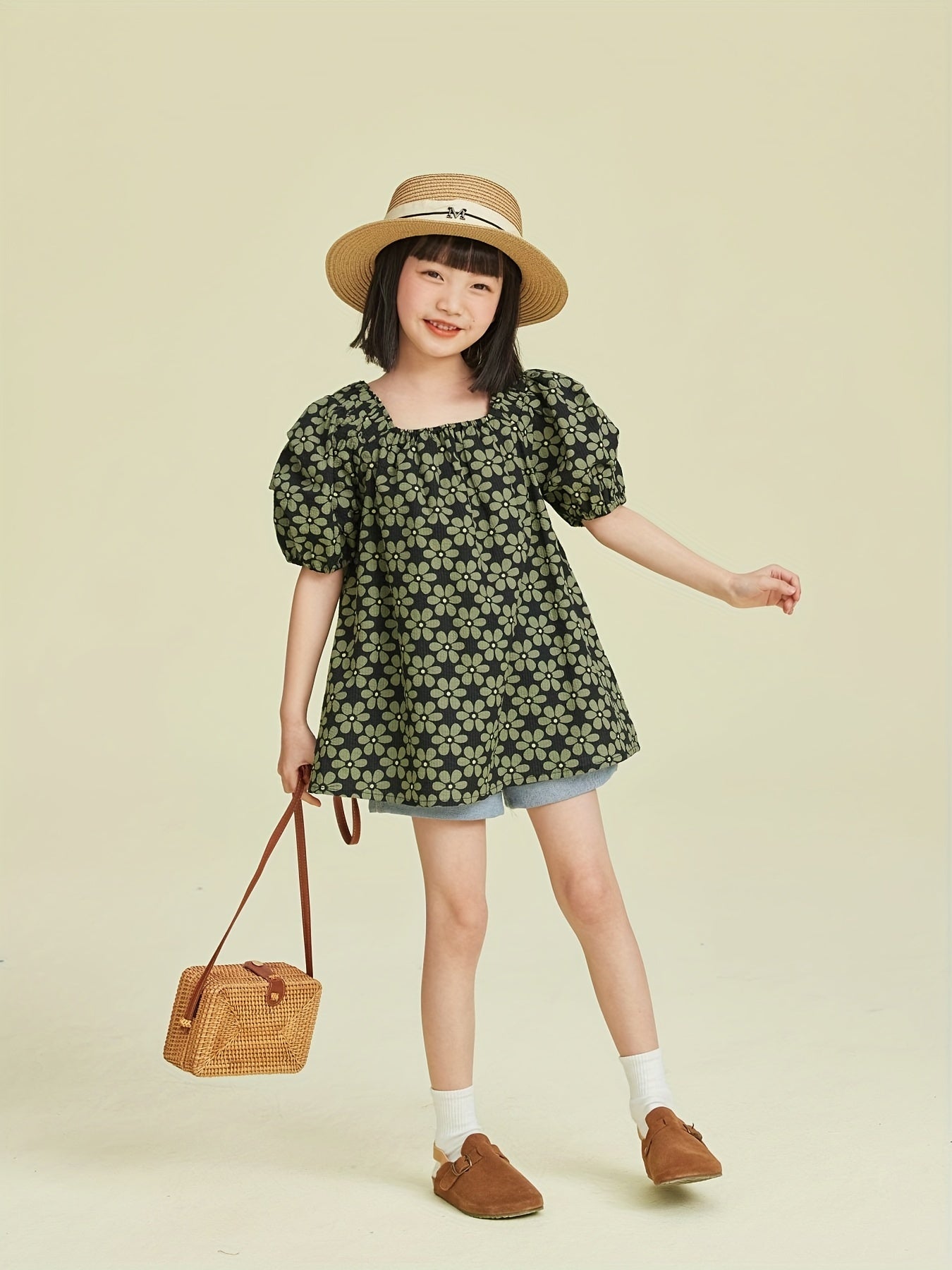 100% Cotton Elegant Girls Flower Print Square Neck Puff Short Sleeve Shirt Pullover Summer Party Gift School Uniforms