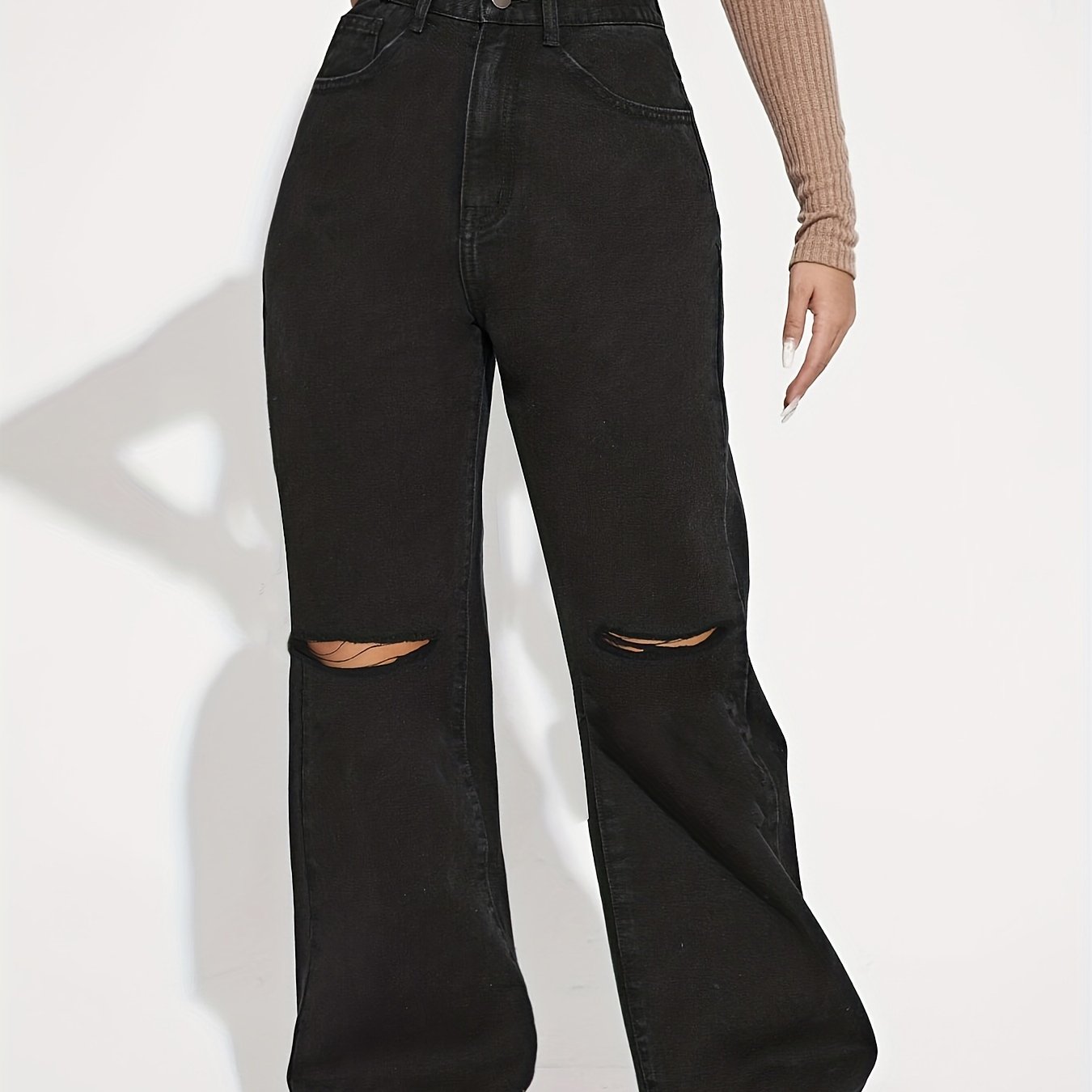 Antmvs Black Ripped Loose Fit Straight Jeans, Wide Leg Slash Pockets High Waist Non-Stretch Denim Pants, Women's Denim Jeans & Clothing