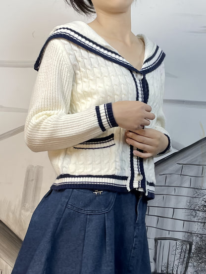 Antmvs Contrast Trim Button Down Knit Cardigan, Cute Sailor Collar Long Sleeve Sweater, Women's Clothing