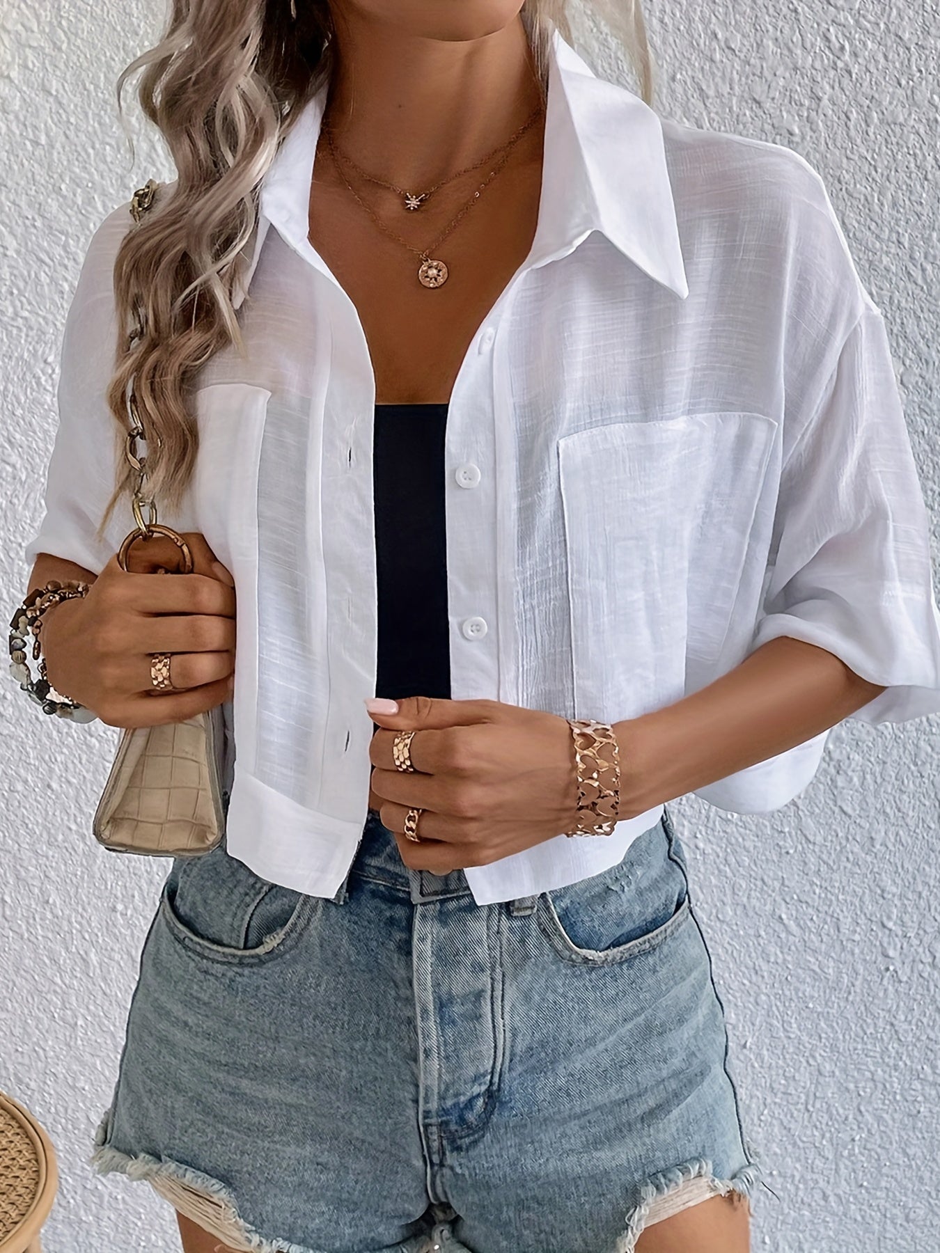 Antmvs  Versatile Crop Shirt, Button Down Short Sleeve Shirt, Casual Every Day Tops, Women's Clothing