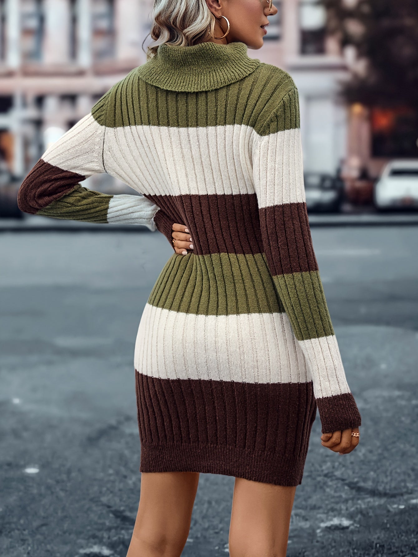 Antmvs Color Block Striped Sweater Dress, Casual Turtleneck Long Sleeve Dress, Women's Clothing