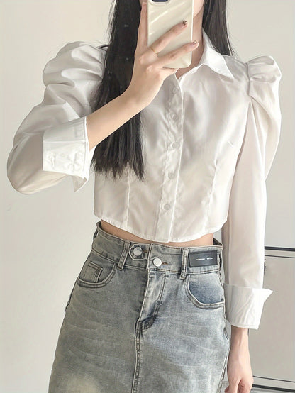 Antmvs Puff Sleeve Button Front Blouse, Casual Solid Color Lapel Crop Blouse For Spring & Fall, Women's Clothing