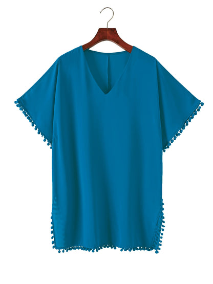 Antmvs Solid V Neck Short Sleeve Tassel Dress, Mature Loose Beach Mesh Mini Dress, Women's Clothing