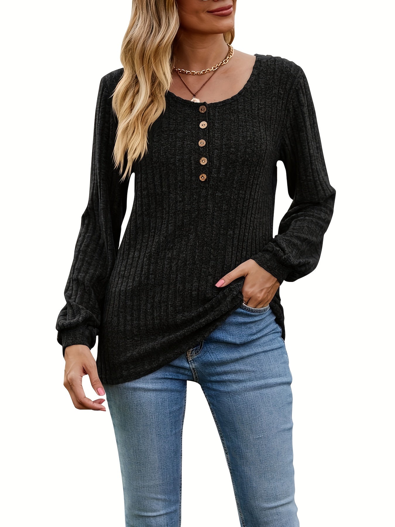 Antmvs Ribbed Button Front T-Shirt, Casual Long Sleeve Top For Spring & Fall, Women's Clothing