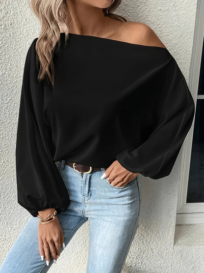 Antmvs Solid Color Drop Shoulder Blouse, Casual Loose Long Sleeve Blouse For Spring, Women's Clothing