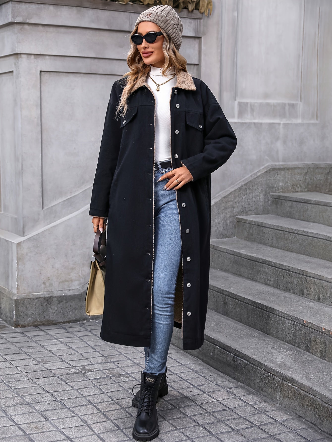 Antmvs Plain Fleece Liner Long Denim Coat, Long Sleeves Drop Shoulder Casual Denim Jackets, Women's Denim Clothing