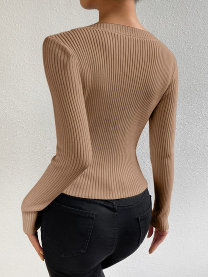 Antmvs Solid Square Neck Rib Knit Sweater, Casual Long Sleeve Slim Sweater, Women's Clothing