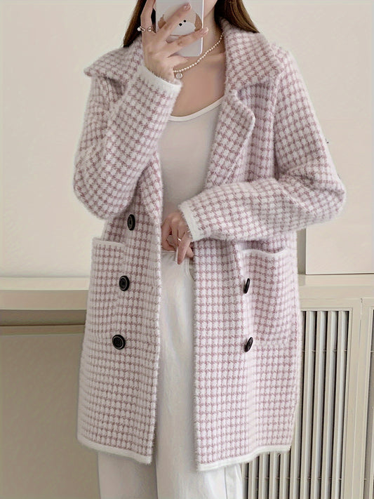 Antmvs Double Breasted Fuzzy Overcoat, Elegant Lapel Long Sleeve Warm Outerwear, Women's Clothing