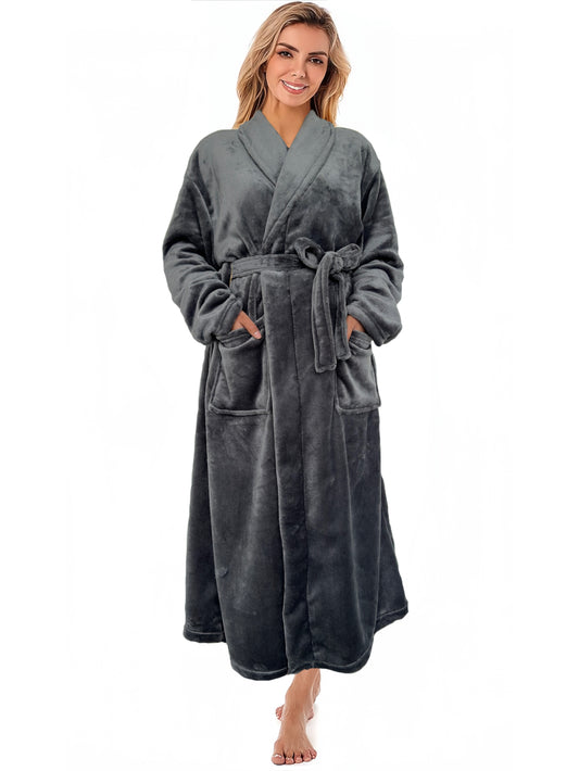 Cozy Womens Fleece Night Robe - Solid Color, Long Sleeve Lapel Collar with Belt & Pockets - Ultra-Comfortable Sleepwear Dress for Casual Lounging