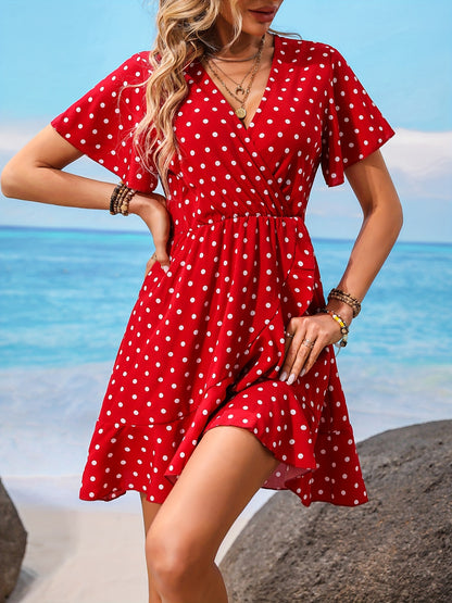 Antmvs Polka Dot Ruffle Hem Dress, Casual V Neck Short Sleeve Dress, Women's Clothing