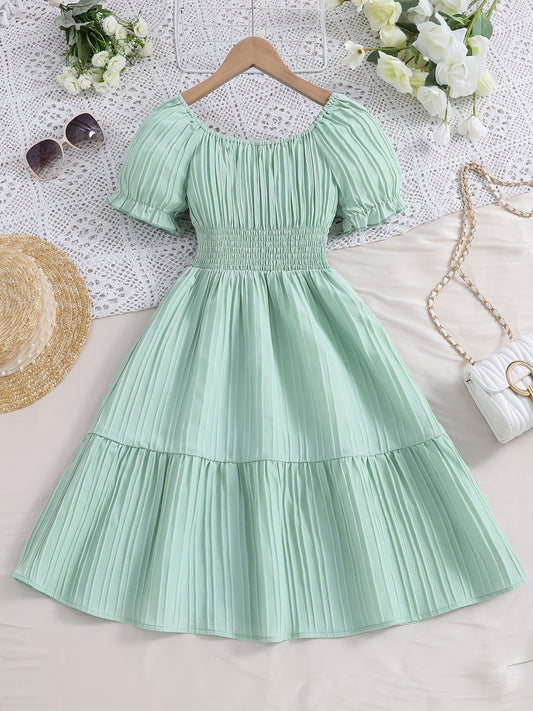 Knee High Girls Elegant Peplum Dress - Shirred, Puff Short Sleeve, Boat Neck, Non-Stretch Polyester, Solid Color, Casual Vacation Dress for Spring and Summer