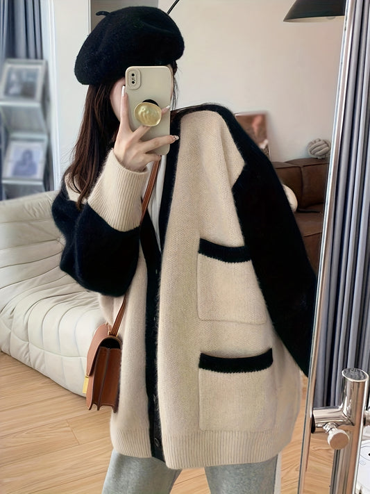 Antmvs Contrast Color Button Front Sweater Cardigan, Oversized V-neck Sweater For Fall & Winter, Women's Clothing