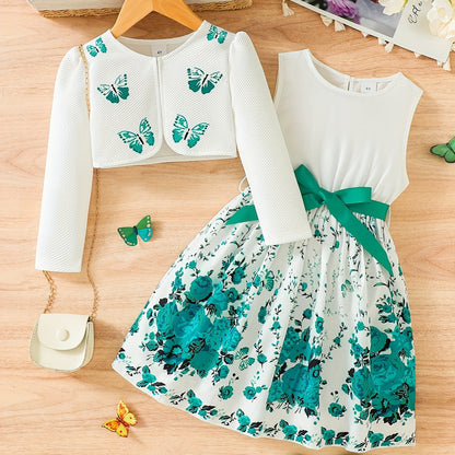 2pcs Little Girl Butterfly Dresses Outfit Floral Tank Dress And Graphic Cardigan Top Set, For Cute And Casual Look, Kids Clothing Gift