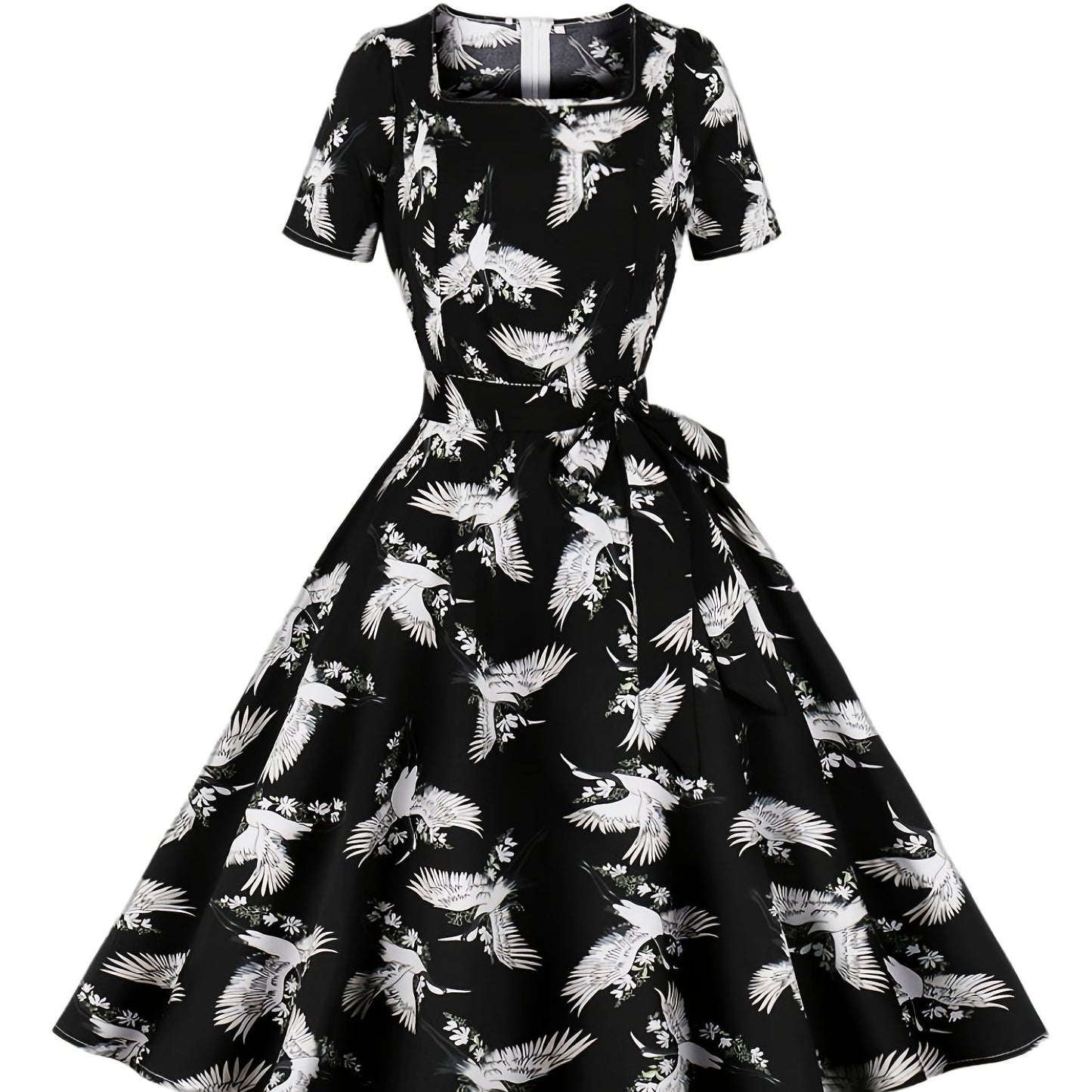 Antmvs Crane Print Tie Front Dress, Elegant Vintage Square Neck Short Sleeve Dress, Women's Clothing