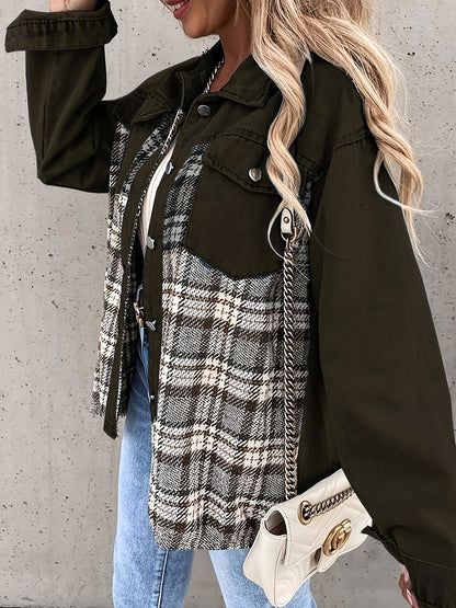 Antmvs Plaid Print Splicing Jacket, Casual Button Front Long Sleeve Outerwear, Women's Clothing