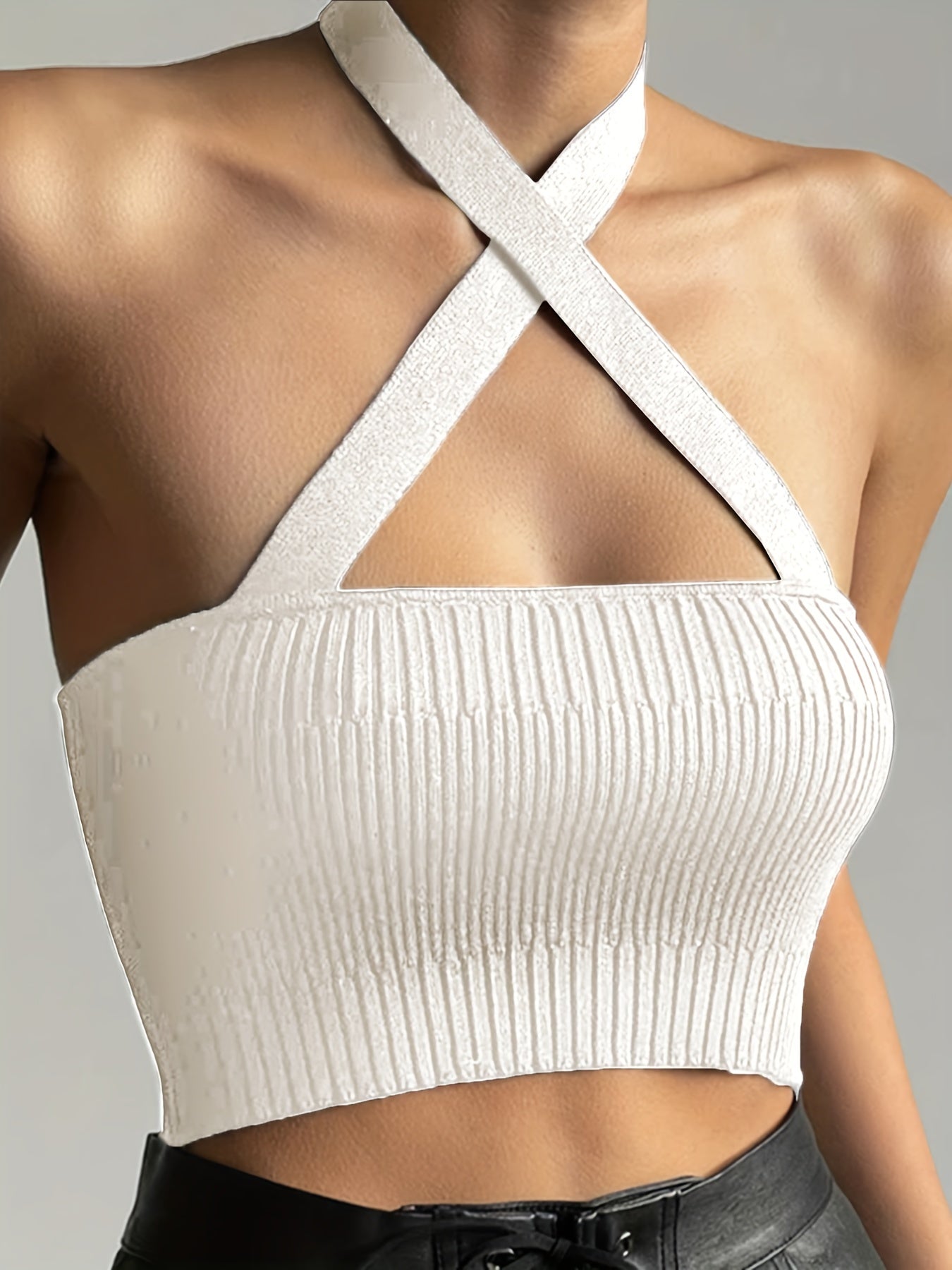 Antmvs Knitted Crop Halter Top, Sleeveless Casual Crop Sweater, Women's Clothing