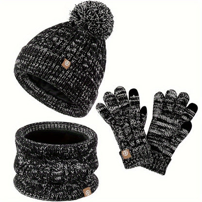 Teenager Hat, Scarf and Gloves Three-pcs Set Winter Thickened and Fleece-lined Warm Knitted Set