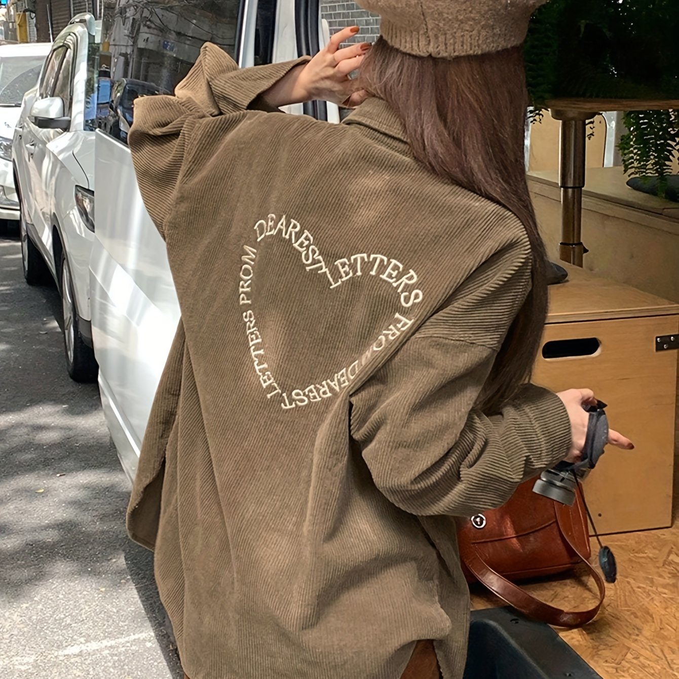 Antmvs Letter Embroidered Button Front Shirt, Casual Long Sleeve Corduroy Outwear For Spring & Fall, Women's Clothing