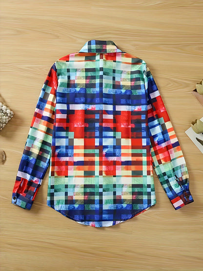 Plus Size Lapel Collar Ombre Plaid Shirt - Soft Slight Stretch Fabric, Flap Pocket, Machine Washable - Casual Long Sleeve Shirt for Spring and Fall Seasons