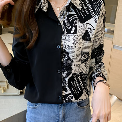 Antmvs Color Block Letter Print Shirt, Button Down Long Sleeve Shirt, Casual Every Day Tops, Women's Clothing