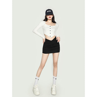 Antmvs Waliya Solid Color White Long-sleeved Slim Knit Button Up Ribbed Cropped Top