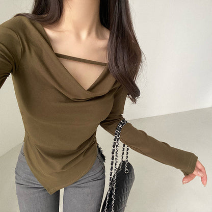 Antmvs Drue Solid Color String U-Neck Long Sleeve Slim Top