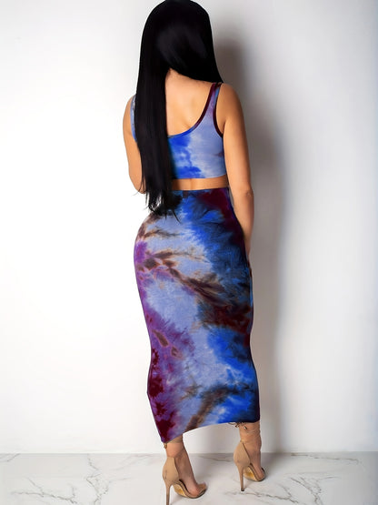 Antmvs Tie Dye Print Two-piece Skirt Set, Crew Neck Crop Tank Top & Tie Front Bodycon Skirt Outfits, Women's Clothing